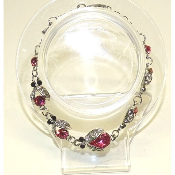 Ladybug Charm Fashionable Chain Bracelet - Sparkling Crystal - Lobster Clasp - Picture 2 of 4
